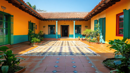 Discover a stunning courtyard featuring colorful architecture, vibrant plants, and intricate tile work, perfect for showcasing traditional Mexican design and serene outdoor living.の素材