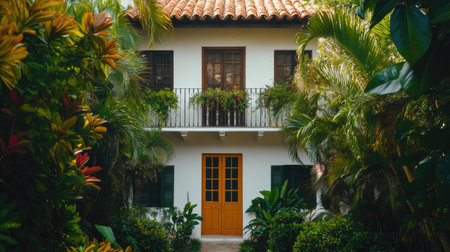 A beautiful tropical home features elegant architecture surrounded by lush greenery and vibrant plants, evoking a sense of tranquility and inviting relaxation in a sunny atmosphere.の素材