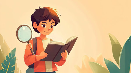 A charming illustration of a young boy immersed in reading a book while holding a magnifying glass, surrounded by serene greenery and warm sunlight, embodying adventure and imagination.の素材