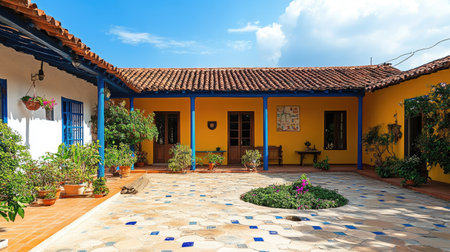 A vibrant courtyard showcasing colorful walls, lush greenery, and a charming layout. The bright space is perfect for relaxation, inviting nature lovers to enjoy its tranquil atmosphere.の素材