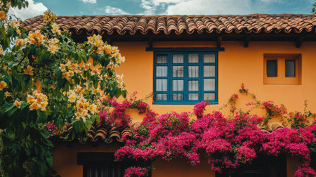 A picturesque house adorned with vibrant bougainvillea flowers and yellow blooms, set against a bright sky, creating a serene and idyllic garden atmosphere.の素材
