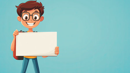 A cheerful young boy with a backpack joyfully holds a blank sign against a light blue background, perfect for various educational and creative uses. Ideal for announcements and advertisements.の素材