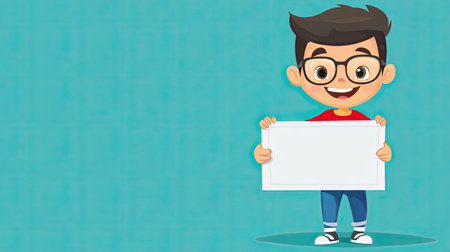 A cheerful cartoon boy with glasses poses happily while holding a blank sign against a vibrant teal background, perfect for educational and marketing materials.の素材