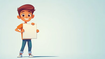 A cheerful cartoon boy with brown hair happily holds a blank sign, perfect for educational uses or creative projects, set against a light background.の素材