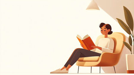 A young woman sits comfortably in a cozy chair, engrossed in her book while enjoying a serene reading moment in a stylish indoor space.の素材