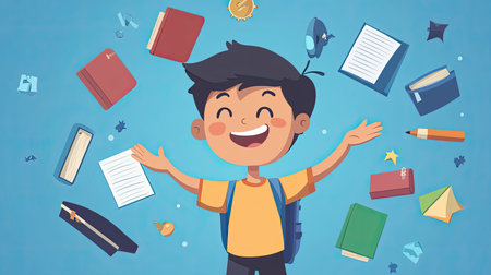 A joyful boy stands with arms outstretched amidst various school supplies, promoting a love for education and creativity in a vibrant cartoon scene, perfect for educational themes.の素材
