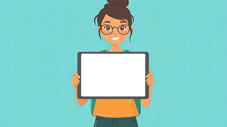 Engaging illustration of a cheerful young girl holding a blank sign against a turquoise background, ideal for marketing or educational content that needs a vibrant touch.の素材
