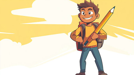 A joyful cartoon boy stands with a large yellow pencil, showcasing creativity and confidence, ideal for projects related to education, art, and child development.の素材