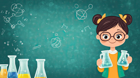 Young girl joyfully holds two beakers in a vibrant classroom, surrounded by colorful liquids and science symbols, embodying the spirit of discovery and learning in education.の素材