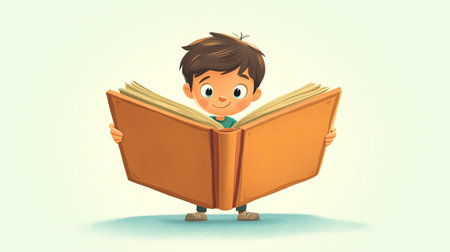 A vibrant illustration of a young boy joyfully reading a large book, showcasing a whimsical design filled with curiosity and a love for learning. Perfect for educational themes.の素材