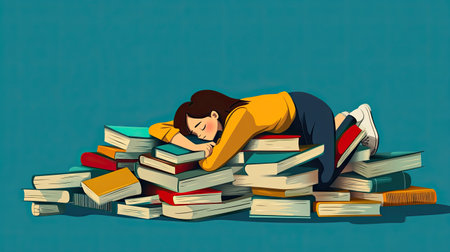 A serene illustration of a girl peacefully resting atop a colorful pile of books, symbolizing comfort, creativity, and the joy of reading in a vibrant setting.の素材
