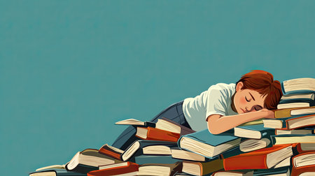 A charming illustration of a young child peacefully resting on a colorful pile of books, evoking themes of relaxation, imagination, and the joys of reading in a serene setting.の素材