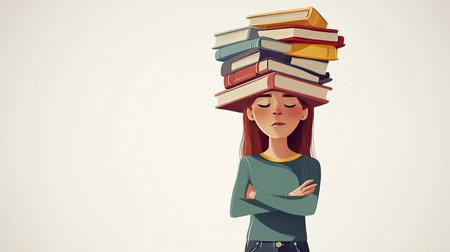 A whimsical illustration of a girl balancing a stack of books on her head, symbolizing the determination to overcome academic challenges with a creative flair.の素材