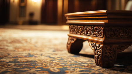 A beautifully crafted wooden table with intricate carvings sits atop an elegant, ornate carpet, creating a luxurious ambiance that highlights rich textures and artistic design.の素材