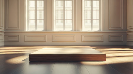 A serene and elegant interior space showcasing a wooden platform illuminated by natural light, creating a warm and inviting atmosphere through large windows.の素材