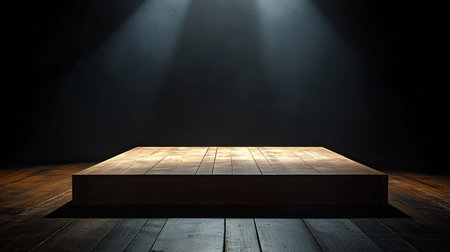 A beautifully lit wooden platform stands isolated under dramatic spotlighting, creating a striking visual for performances or presentations in a dimly lit atmosphere.の素材