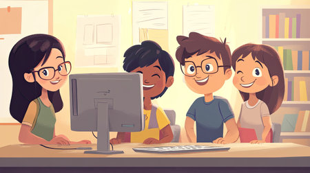 A lively group of four cartoon friends collaborating in a bright office space, showcasing smiles and creativity while working together on a computer. Ideal for themes of teamwork and youth.の素材