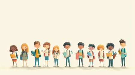 This vibrant illustration features diverse children joyfully standing together, showcasing the importance of education, friendship, and community spirit in a playful and colorful way.の素材
