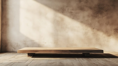 A serene minimalist wooden table sits in an empty room, illuminated by soft natural light, showcasing rustic wall textures that create a calming, inviting atmosphere.の素材