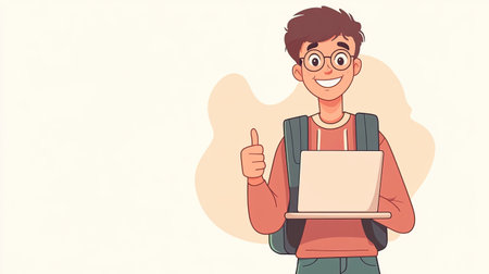 A cheerful student poses with a laptop, giving a thumbs-up to convey excitement about learning. This illustration captures youthful enthusiasm for education and technology.の素材