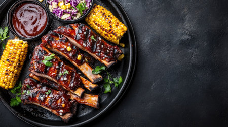 Indulge in a mouthwatering plate of barbecue ribs, perfectly grilled and served with sweet corn and crunchy slaw, ideal for a hearty summer feast.の素材
