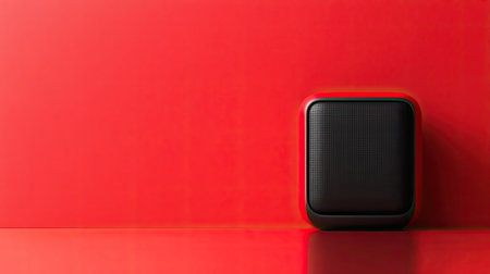 This modern black speaker rests against a bold red background, capturing a sleek minimalist design perfect for enhancing music experiences in contemporary settings.の素材