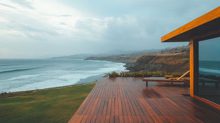 A breathtaking coastal view from a modern retreat featuring a wooden deck overlooking calm waves and lush greenery, offering a perfect escape into nature's beauty.の素材