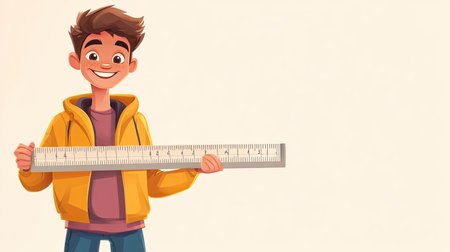 A cheerful cartoon boy wearing a yellow hoodie holds a measuring ruler, embodying creativity and enthusiasm for learning and projects. Perfect for educational themes.の素材