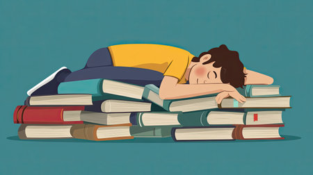 A charming illustration of a boy peacefully sleeping on a large stack of books. This playful image captures the joy of reading and the creativity of imagination.の素材