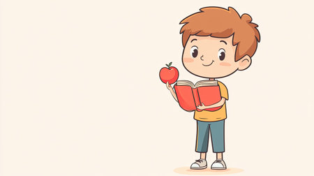 A joyful young boy engages in reading a book while holding a fresh red apple. This cheerful illustration captures the spirit of learning and imagination in a vibrant design.の素材