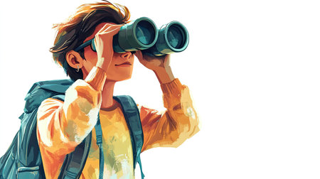 A young boy uses binoculars to explore the outdoors, showcasing a spirit of adventure and curiosity in a vibrant, artistic style. Perfect for themes of exploration.の素材