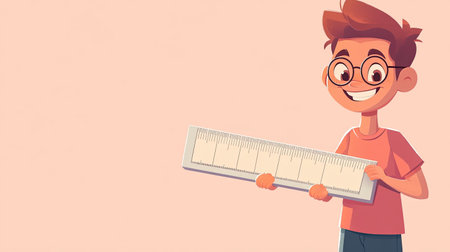 Cheerful cartoon boy wearing glasses is happily holding a ruler, embodying a playful spirit in an educational context, perfect for school-related themes.の素材