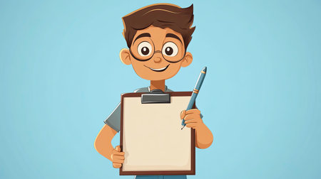 A cheerful young boy with glasses holds a blank clipboard and pen, inspiring creativity and engagement. Perfect for illustrations in educational or playful contexts.の素材