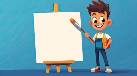 A cheerful young boy stands next to a blank canvas on an easel, holding a paintbrush with a big smile, ready to create art in a colorful, fun, and inspiring environment.の素材