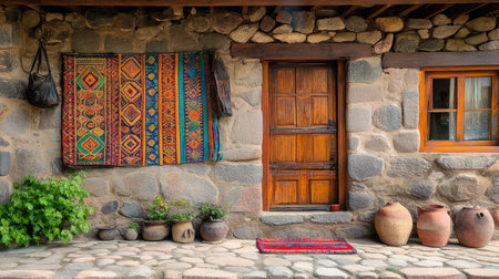 Discover a charming and rustic outdoor scene featuring a stone facade, vibrant textile, and traditional pottery, reflecting rich cultural heritage and inviting atmosphere.の素材