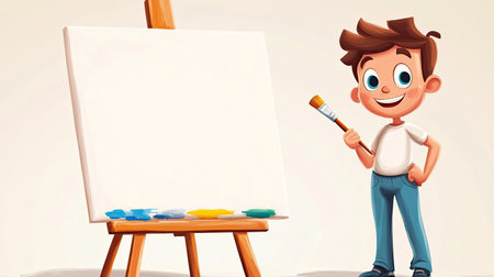 A cheerful young boy stands next to a blank canvas, holding a paintbrush, ready to unleash creativity in a playful and inspiring art studio environment.の素材