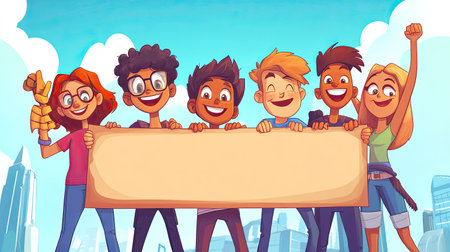 A vibrant illustration of a group of diverse kids joyfully holding a blank banner in front of a city skyline, celebrating friendship and community spirit with bright colors and playful expressions.の素材
