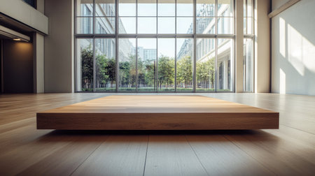 A spacious and bright interior featuring a minimalist wooden platform with large windows that offer a view of lush greenery, creating a serene and modern atmosphere.の素材