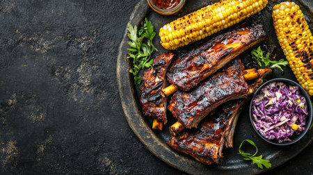 Enjoy a tempting platter of barbecue ribs accompanied by grilled corn and slaw, symbolizing summer joy, perfect for outdoor meals and memorable gatherings.の素材