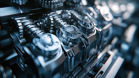 A detailed close-up image of engine components showcasing the complexity of automotive engineering with shiny metallic surfaces, emphasizing precision and advanced technology.の素材