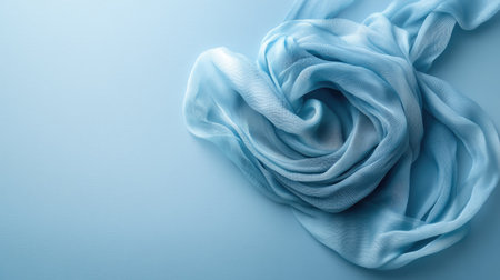 This image showcases a delicate blue sheer scarf elegantly arranged against a soft blue background, highlighting its flowing motion and smooth texture for a fresh and calming aesthetic.の素材