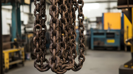 Close-up of heavy duty chains in an industrial setting, illustrating the robustness required for manufacturing and construction processes in a bustling factory environment.の素材