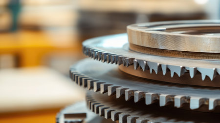 Detailed close-up image of stacked circular saw blades with sharp teeth, showcasing precision craftsmanship and industrial engineering in a workshop setting.の素材
