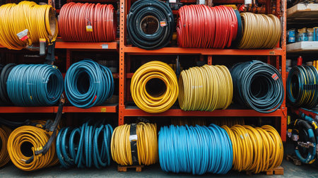 Brightly colored garden hoses neatly organized on shelving units in a hardware store, showcasing a variety of hues and coil types for every gardening need.の素材
