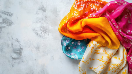 A stunning display of colorful silk scarves in vibrant shades arranged artistically on a textured surface, perfect for fashion inspiration and styling ideas.の素材