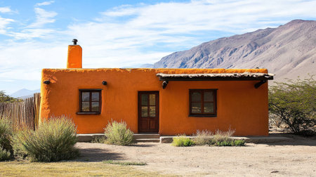 A picturesque adobe house featuring a vibrant orange hue, set against a stunning mountain backdrop, ideal for showcasing rural tranquility and natural beauty.の素材