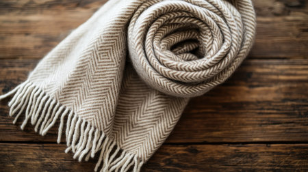 A beautifully rolled beige scarf displayed on a rustic wooden table, showcasing its soft texture and fringe detail, ideal for adding warmth to any fashionable outfit.の素材