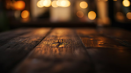 A close-up photograph showcasing the rich texture of a wooden table surface, enhanced by soft focus lighting and warm bokeh effects, perfect for interior design inspiration.の素材