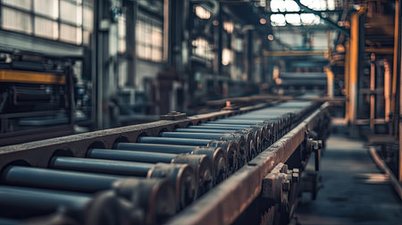 A close-up view of an industrial conveyor belt in a manufacturing facility, showcasing the intricate machinery and system designed for efficient transport and production processes.の素材