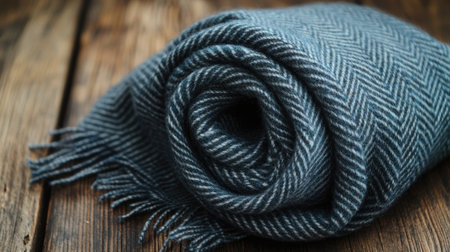 A beautifully rolled blue herringbone scarf resting on a rustic wooden background, perfect for adding warmth and comfort to chilly days in a stylish way.の素材
